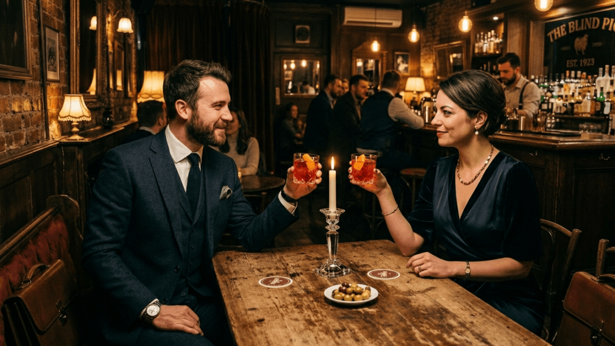 personas en speakeasy bar tomando Negroni