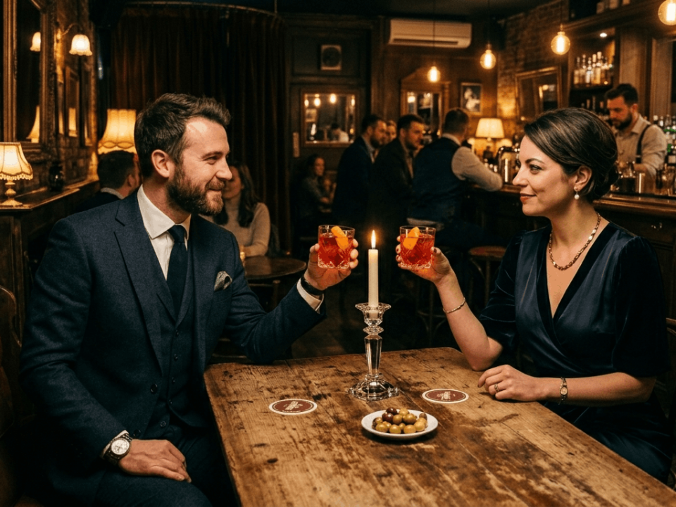 personas en speakeasy bar tomando Negroni