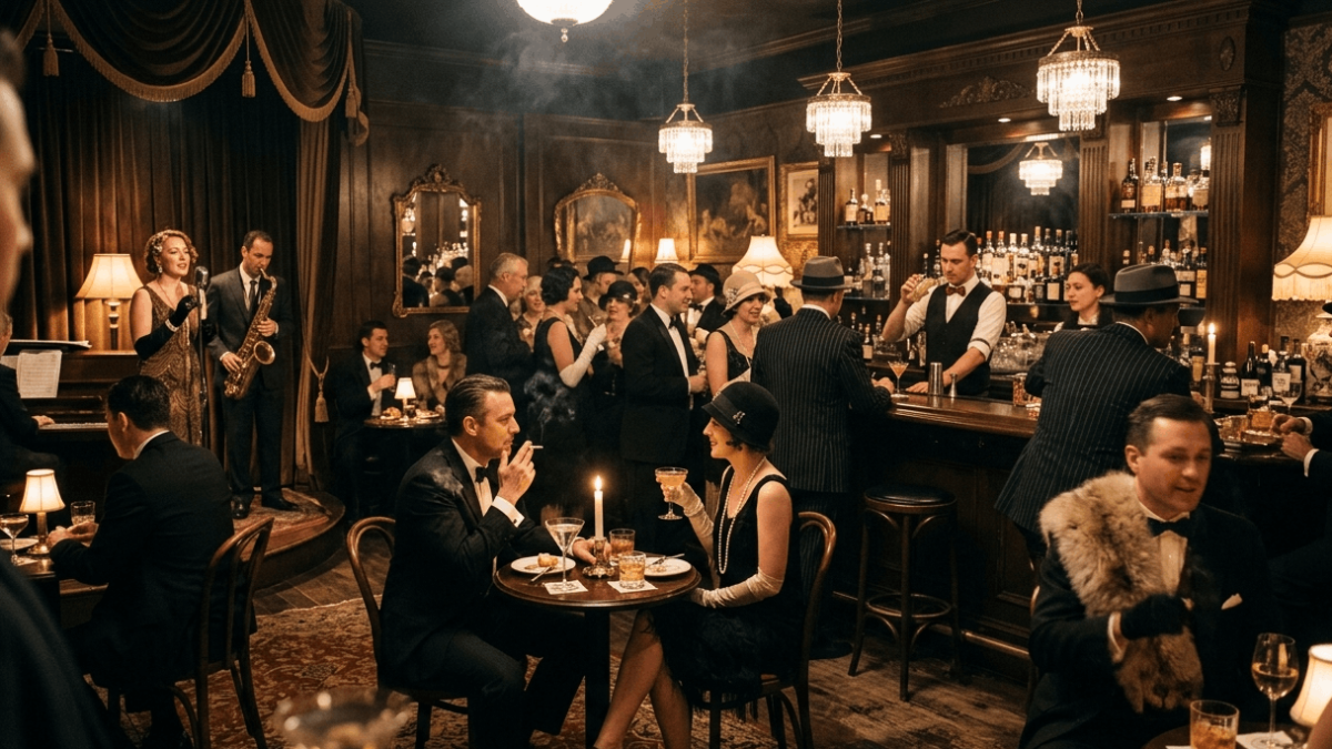 Ambiente elegante de bar clandestino estilo años veinte