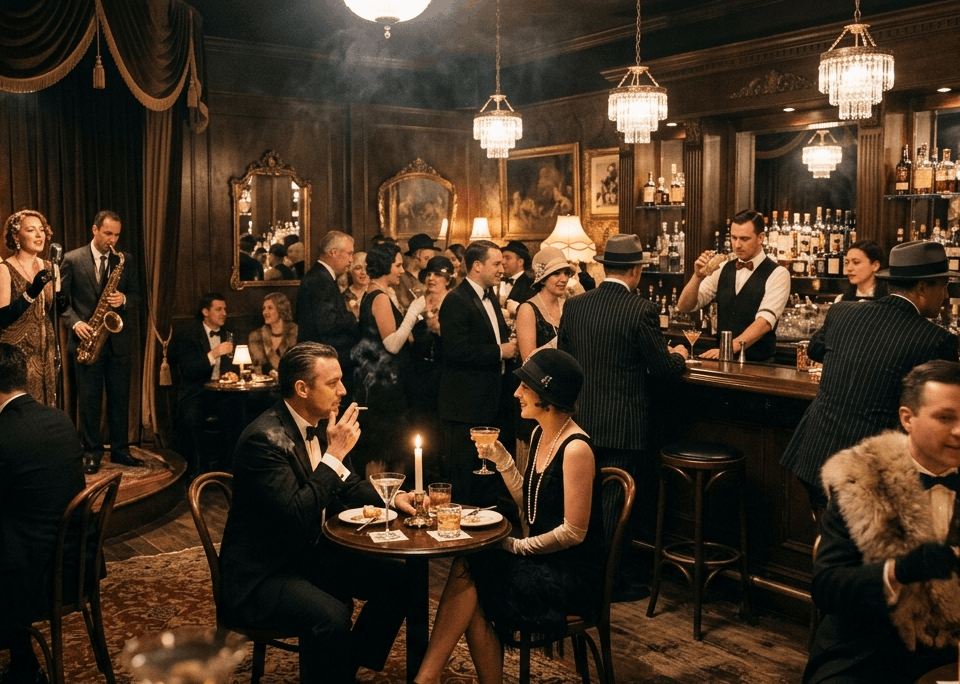Ambiente elegante de bar clandestino estilo años veinte
