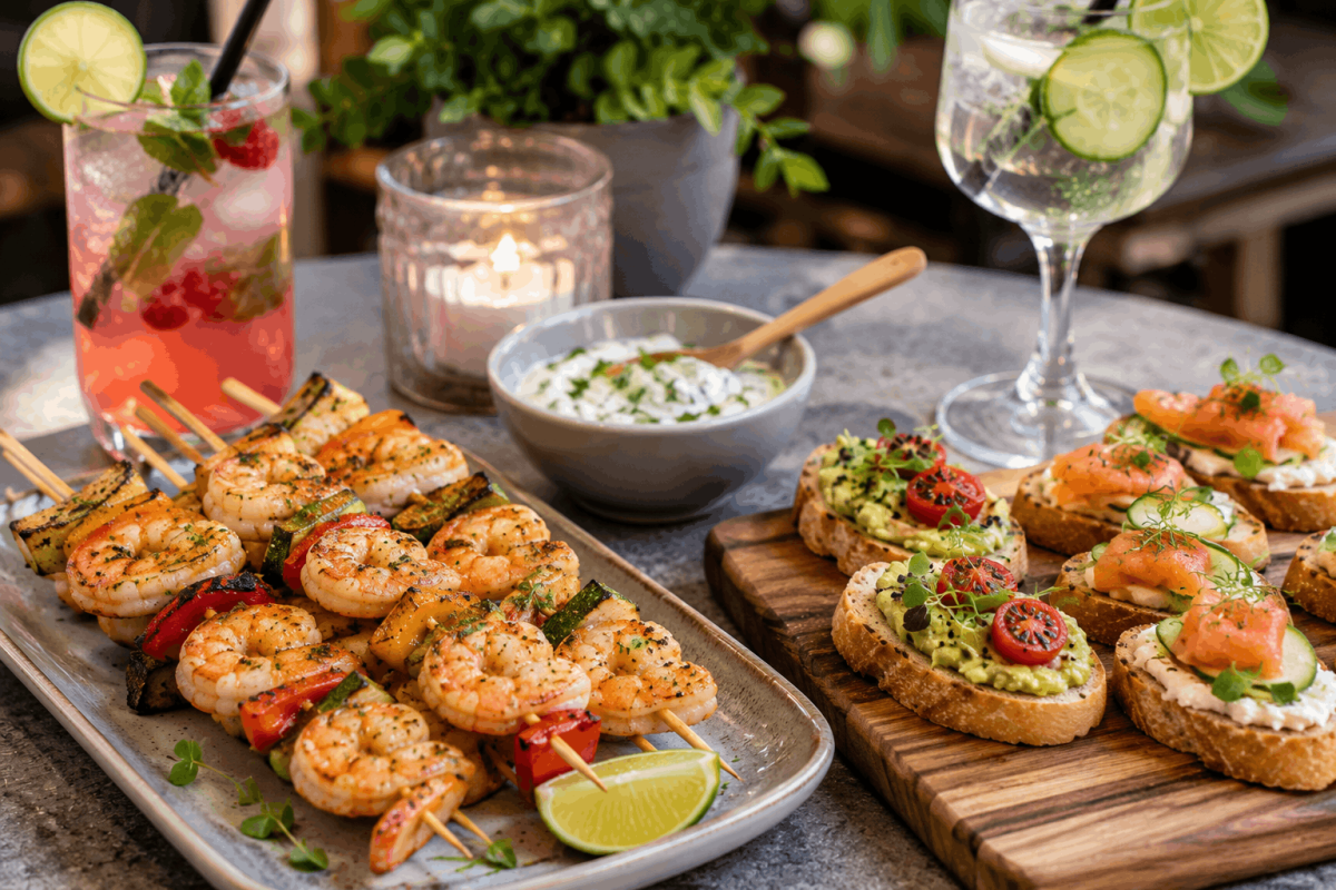 Brochetas de gambas, verduras con dip y tostas ligeras para cócteles refrescantes.