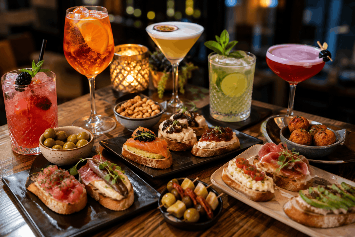 Variedad de aperitivos y tostas servidos junto a diferentes cócteles en una mesa.