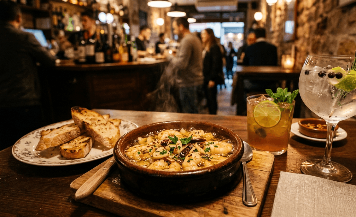 Gambas al ajillo servidas como aperitivo caliente para maridar con cócteles de ron o ginebra.