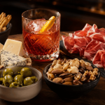 Selección de snacks gourmet para acompañar un cóctel con aceitunas, quesos, jamón y frutos secos.