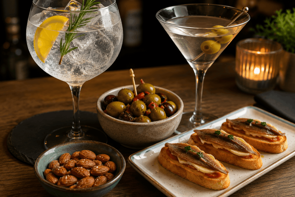 Aceitunas marinadas, almendras tostadas y tostas de anchoa para acompañar Gin Tonic y Dry Martini.