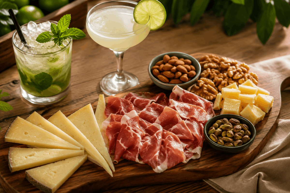 Tabla de quesos curados, jamón serrano y frutos secos para maridar con Mojito y Daiquiri