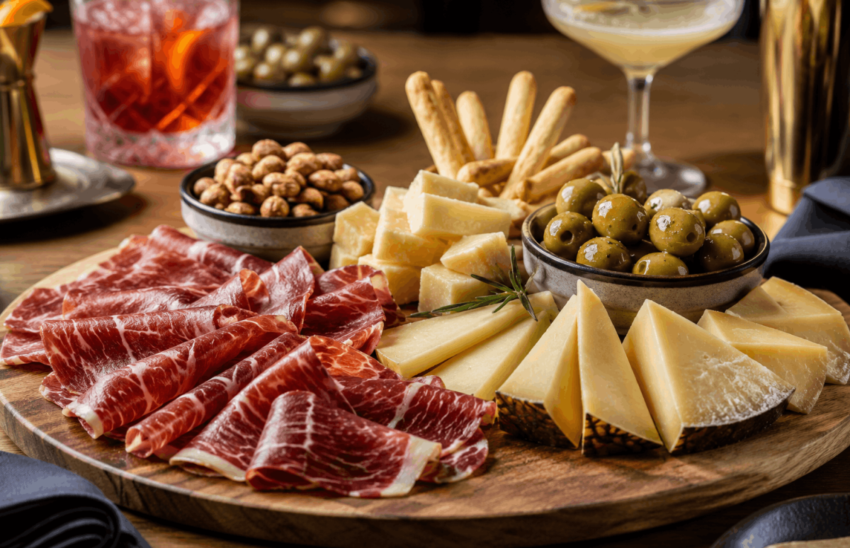 Tabla de aperitivos con jamón ibérico, quesos curados y aceitunas ideal para acompañar cócteles.