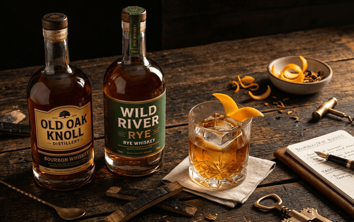 Botella de whisky bourbon y botella de rye junto a un vaso Old Fashioned sobre una superficie de madera oscura