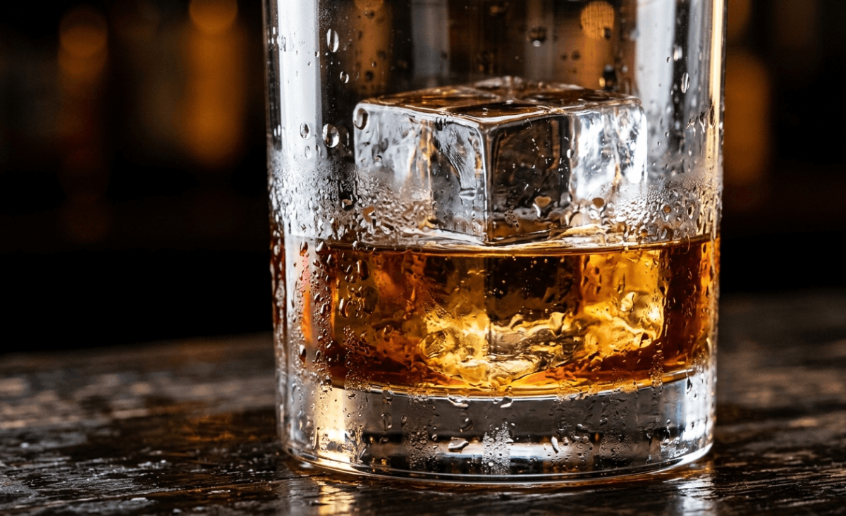Detalle de un gran cubo de hielo transparente dentro de un vaso con whisky ámbar y condensación en el cristal