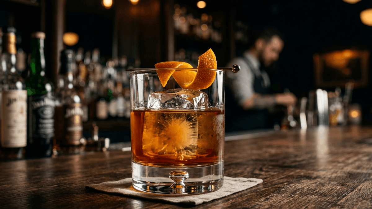 Vaso de cóctel Old Fashioned clásico con un gran cubo de hielo transparente, una tira de piel de naranja y un fondo oscuro de barra de bar.
