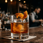 Vaso de cóctel Old Fashioned clásico con un gran cubo de hielo transparente, una tira de piel de naranja y un fondo oscuro de barra de bar.