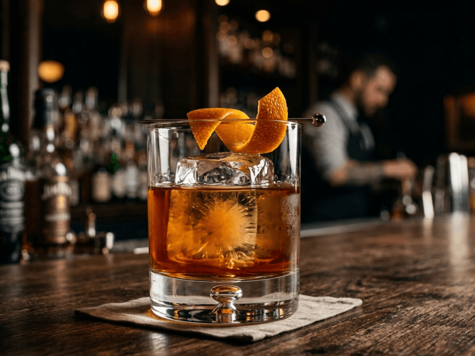 Vaso de cóctel Old Fashioned clásico con un gran cubo de hielo transparente, una tira de piel de naranja y un fondo oscuro de barra de bar.