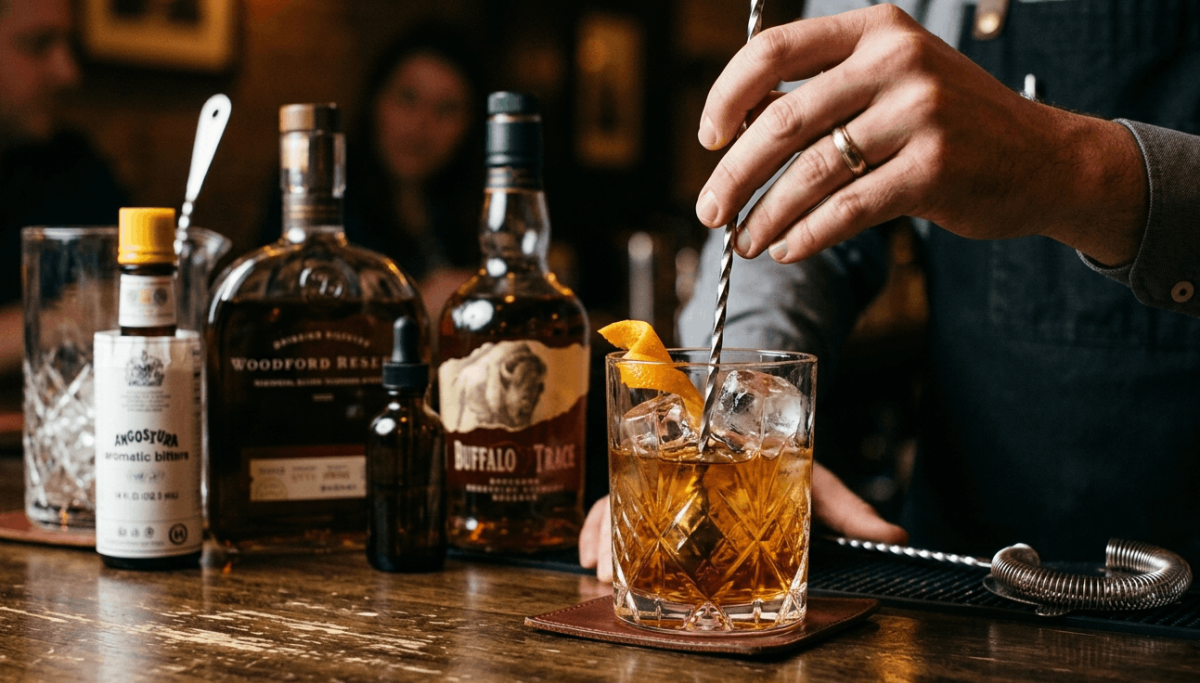 Barman removiendo suavemente un cóctel Old Fashioned con una cuchara imperial en un vaso corto sobre una barra de mármol.