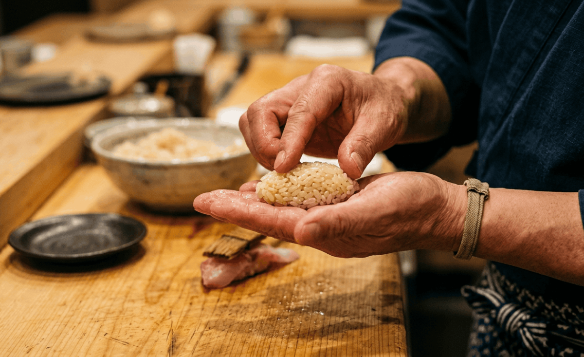 Manos de un chef moldeando delicadamente el arroz Shari para un nigiri
