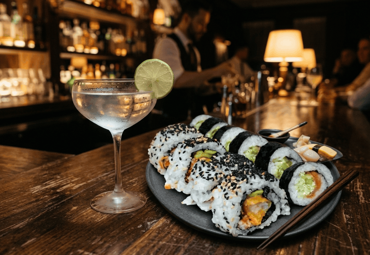 Cóctel Gimlet en copa de martini junto a una bandeja de nigiris de calidad