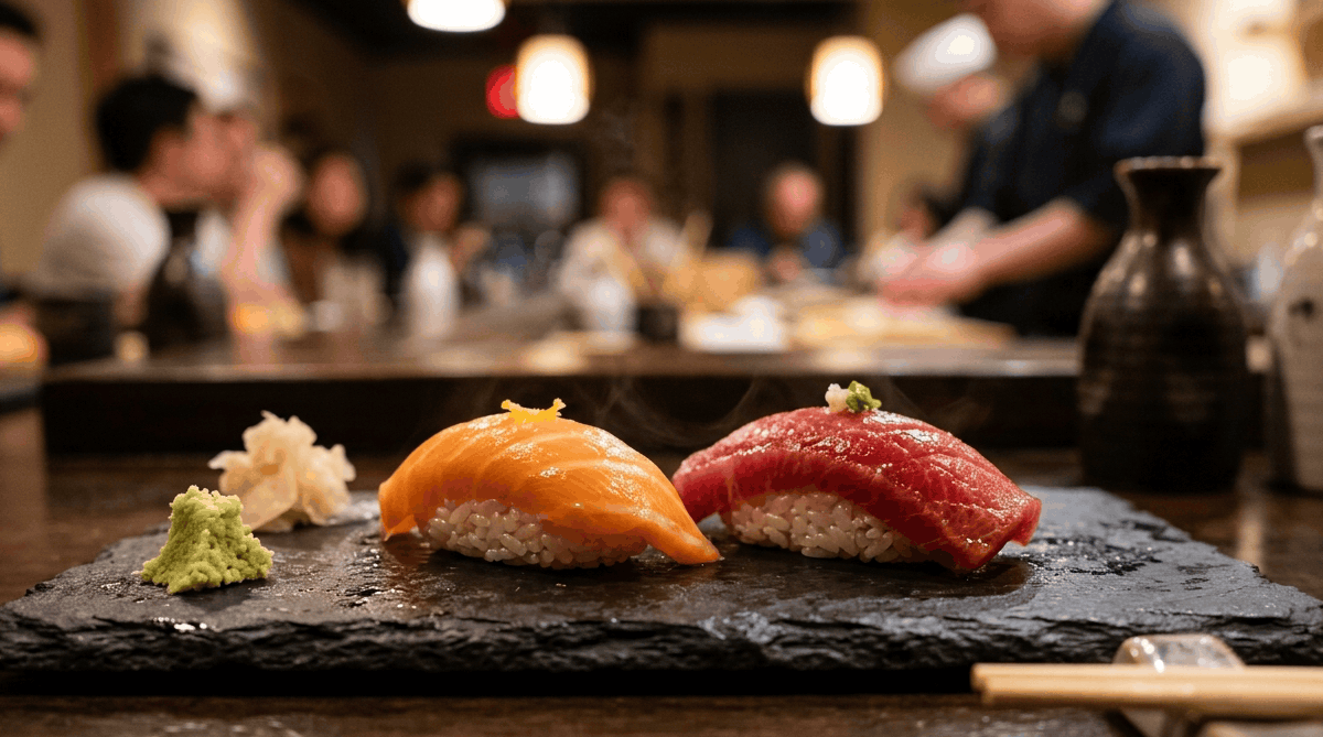 Selección de nigiris de atún rojo y salmón de alta calidad en plato cerámico tradicional.