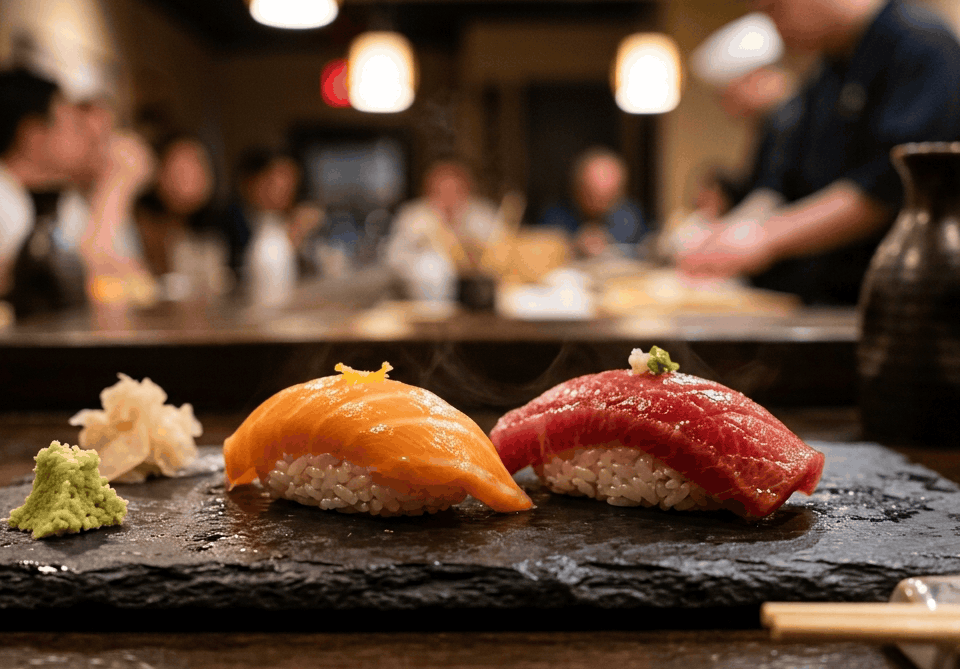 Selección de nigiris de atún rojo y salmón de alta calidad en plato cerámico tradicional.